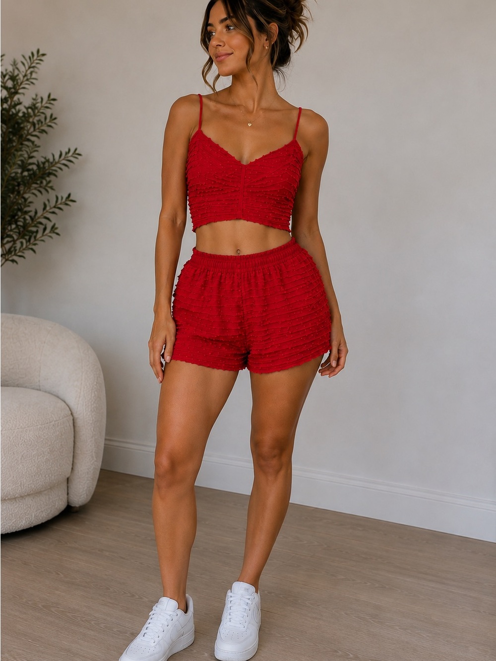 Red Textured Tie-Back Crop Top | Size M